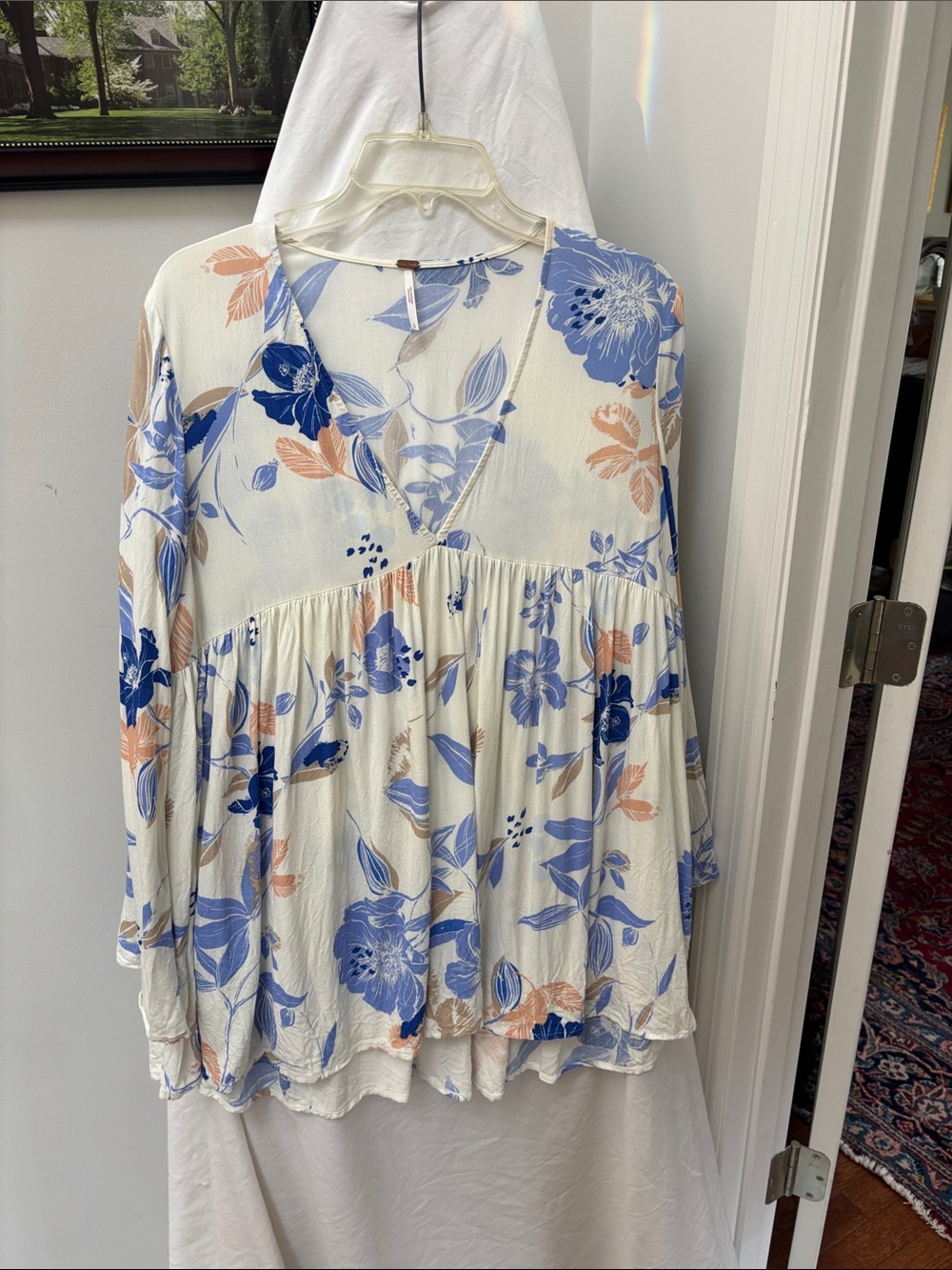 Free People Cream Floral V-Neck Tiered Tunic in Blue & Peach